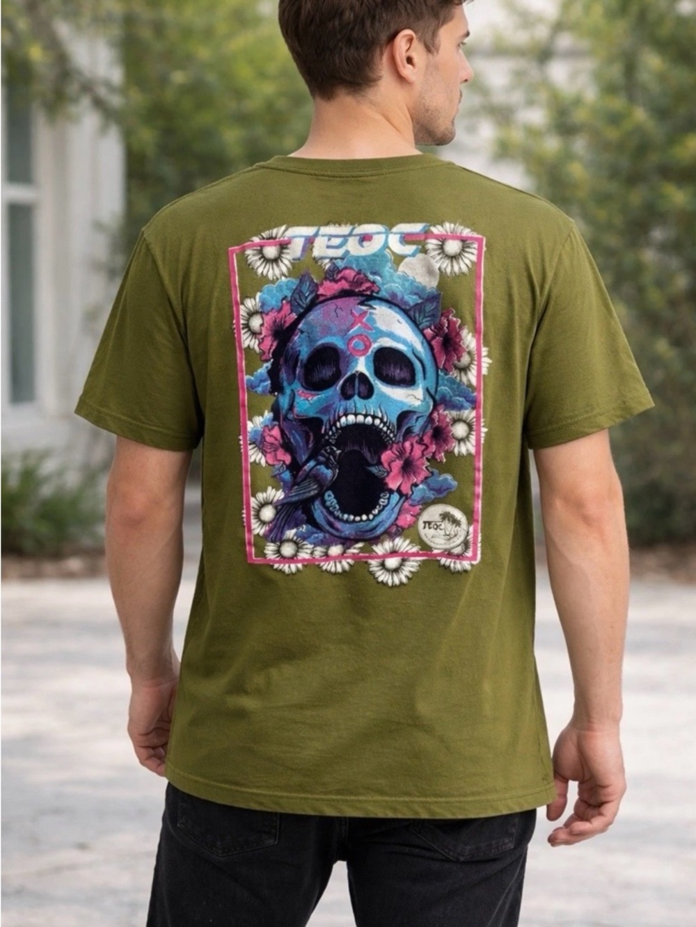 TEOC Skull Graphic T-Shirt XL Green Short Sleeve Casual Streetwear